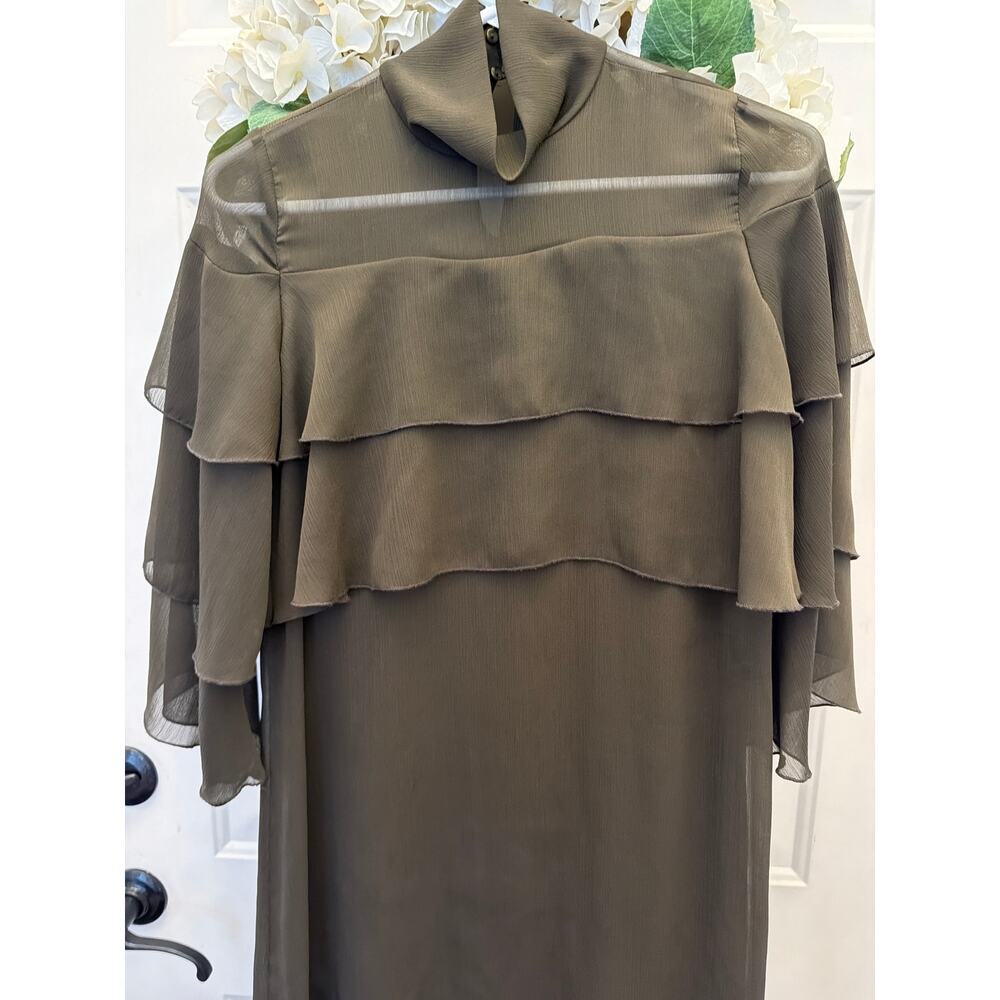 Zara Green Tiered Ruffle Shift Dress Women's XS Flowy Boho Olive Green - Picture 5 of 8